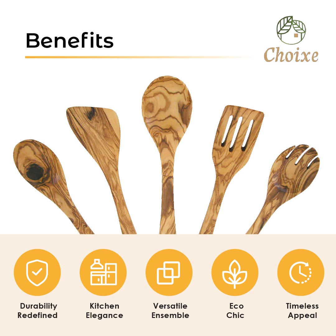 Hand-Carved Olive Wood Kitchen Utensil Set | 5 Pieces