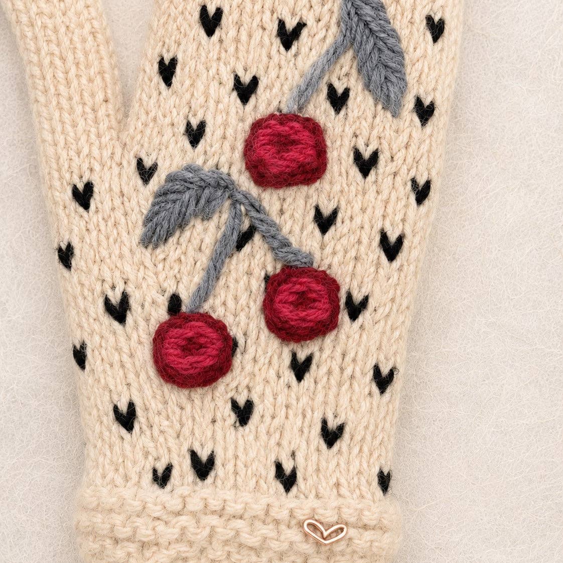 Cherry Hand-Embroidered Wool Mittens with Fleece Lining