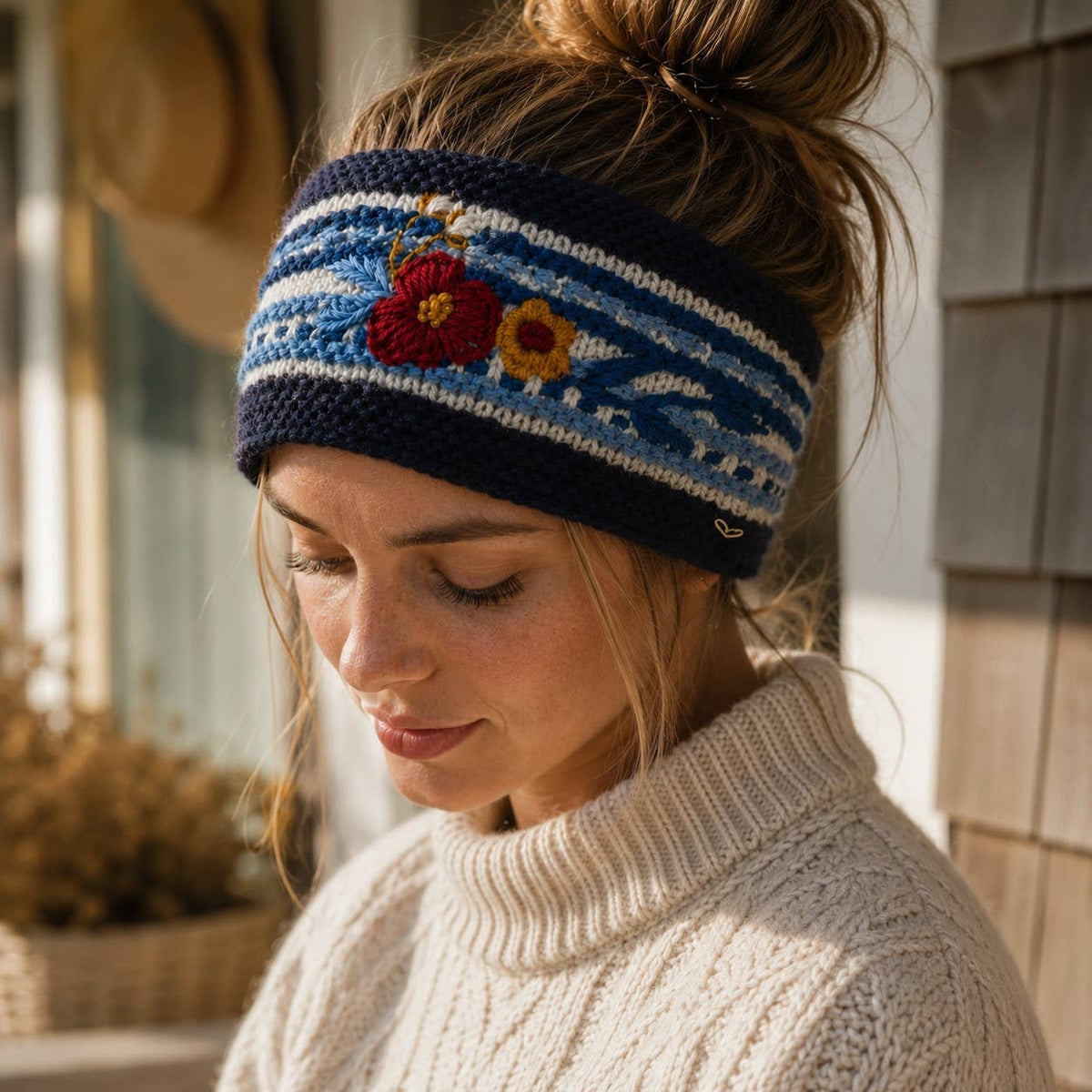 Nantucket Floral Hand-Knit Wool Headband with Fleece Lining