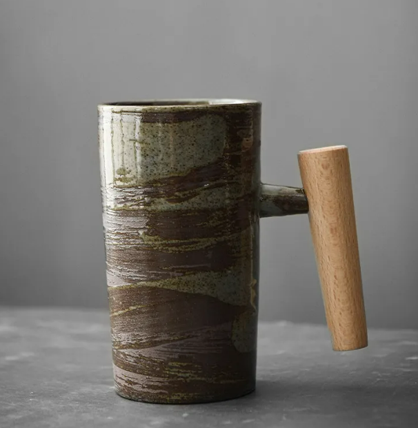 Ceramic Mugs with Wooden Handles | Set of 4