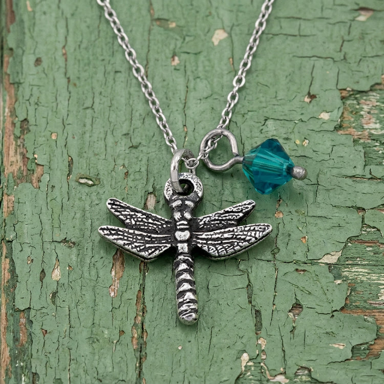 Danforth Pewter Mini Dragonfly Necklace with Aqua Crystal