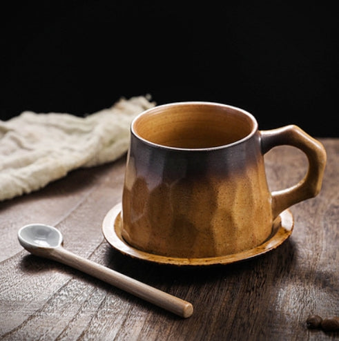 Hand-Crafted-Cozy Vintage Stoneware Coffee Cup & Saucer Set – Handcrafted Cottagecore