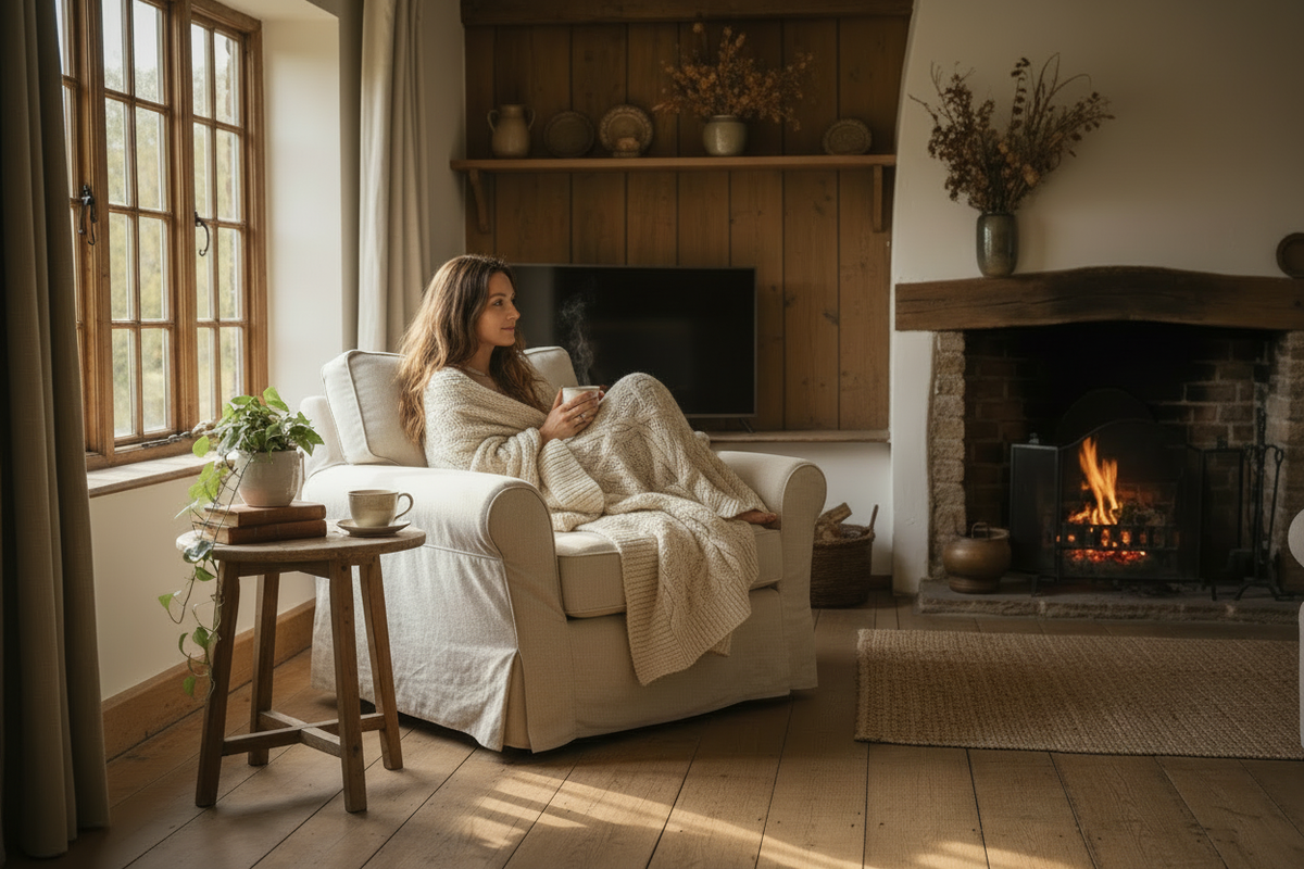 Cottage Room – Woman Sitting in Chair by Fireplace