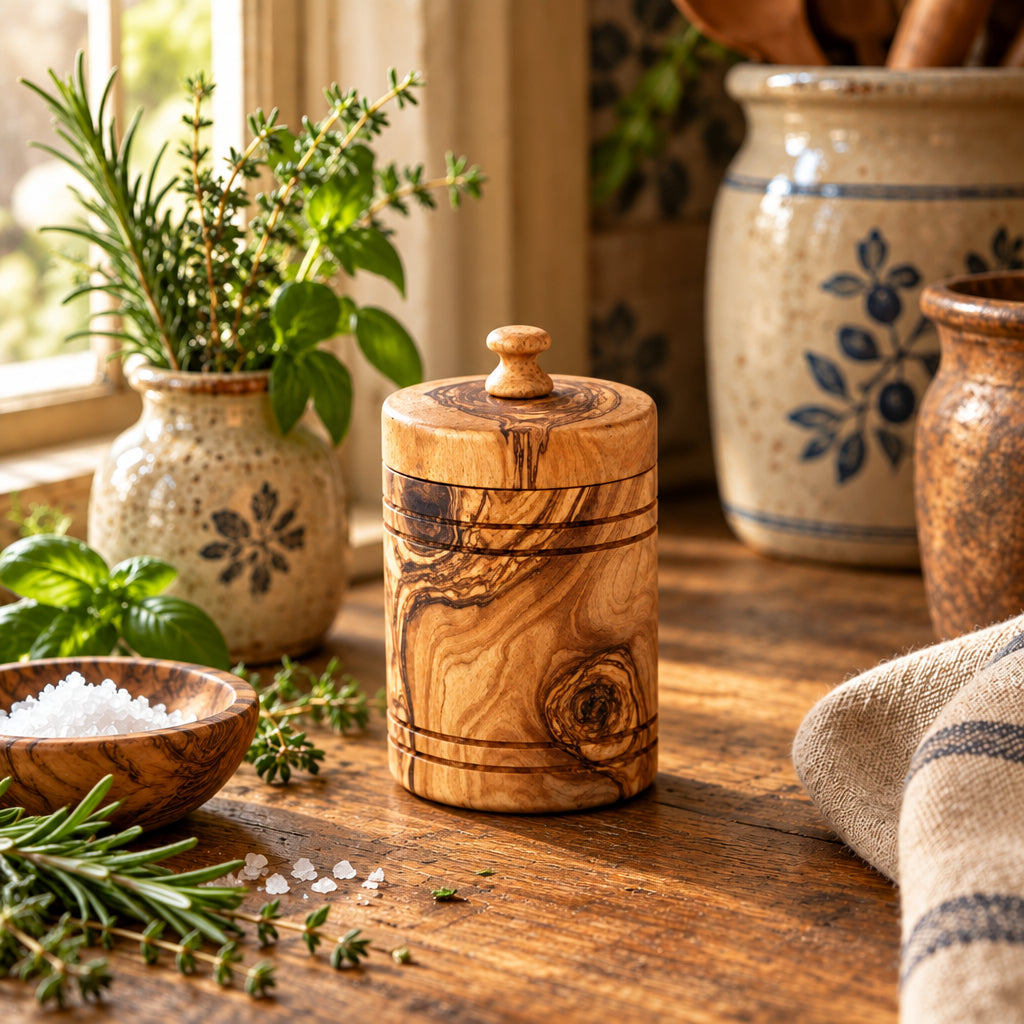 Hand-Carved Olive Wood Salt Keeper with Lid