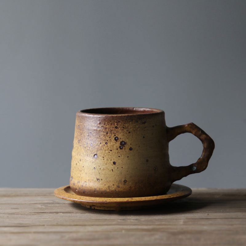 Hand-Crafted-Cozy Vintage Stoneware Coffee Cup & Saucer Set – Handcrafted Cottagecore