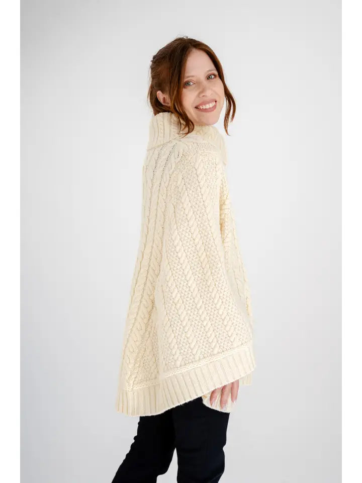 Merino Wool Aran Cowl Neck Zip Poncho