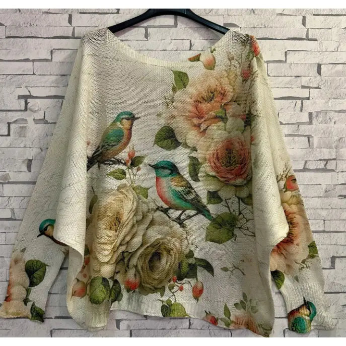 Birds & Roses Botanical Print Sweater- Made in Italy