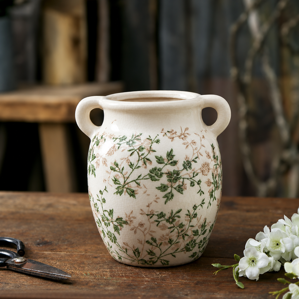 Vintage-Inspired Green Ceramic Vase