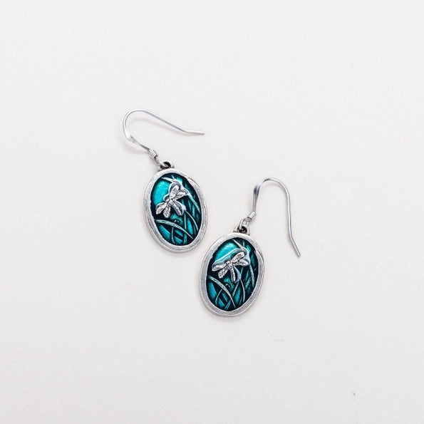 Teal Dragonfly Pewter Dangle Earrings