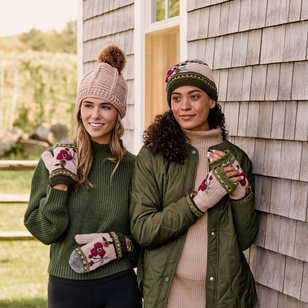 Floral Hand-Knit Wool Mittens with Fleece Lining