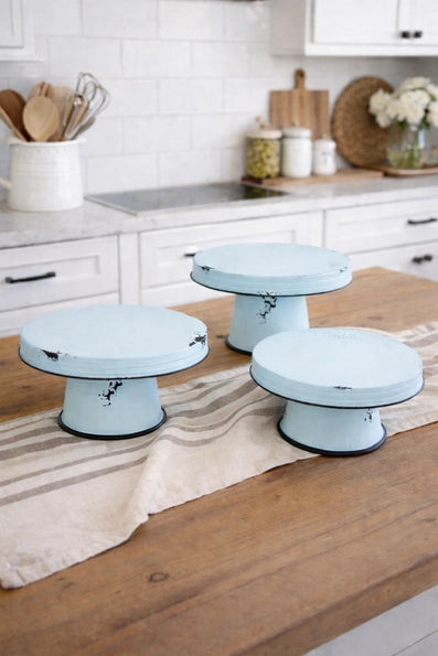 Distressed Blue Metal Pedestal Risers – Set of 3