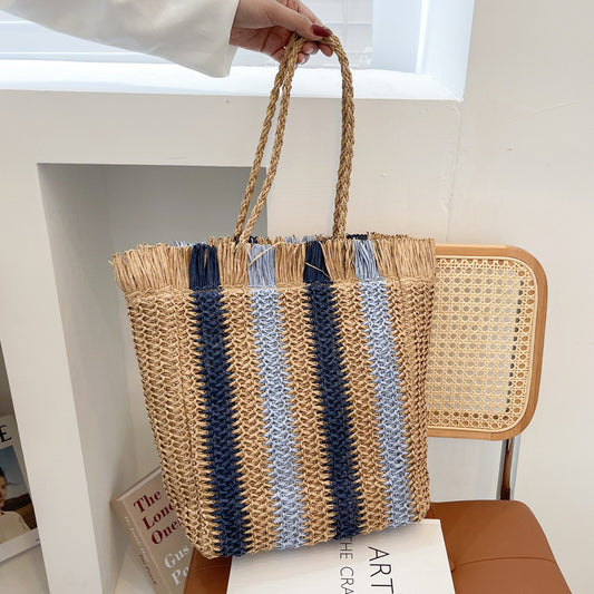 Woven Straw Stripe Tote Bag