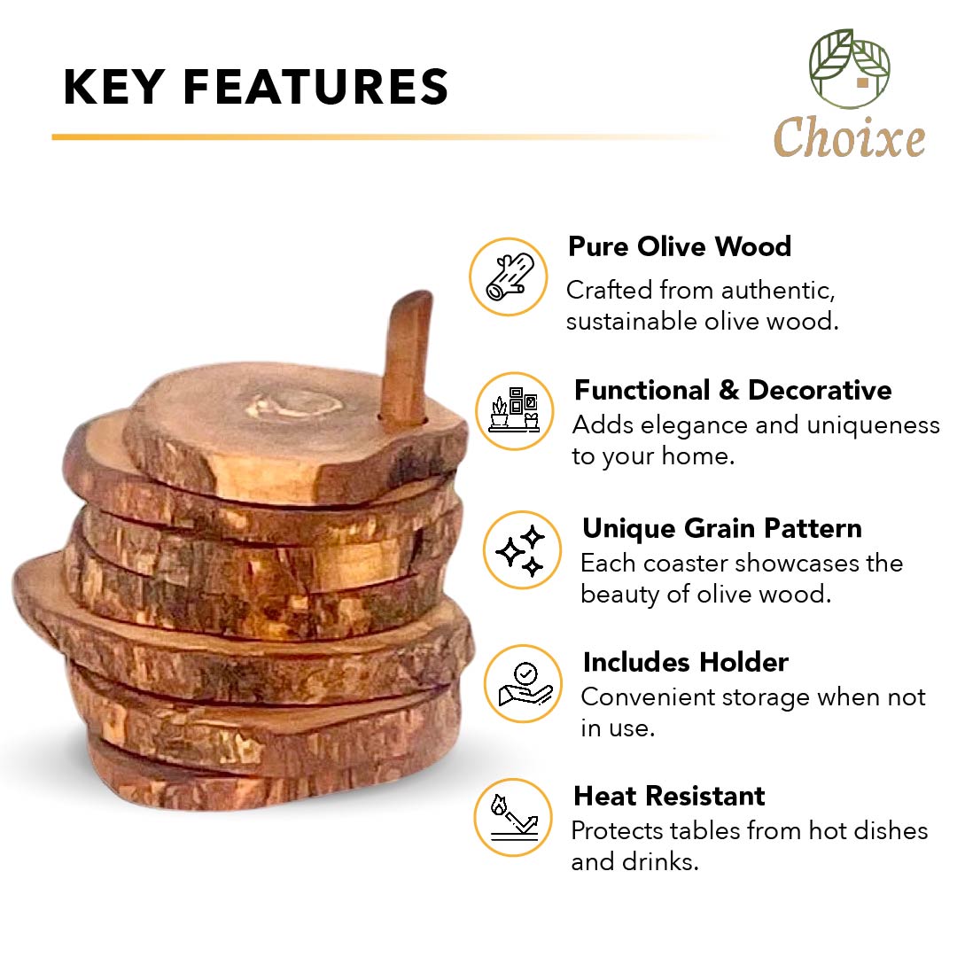 Hand-Carved Olive Wood Coaster Set with Holder, Set of 6