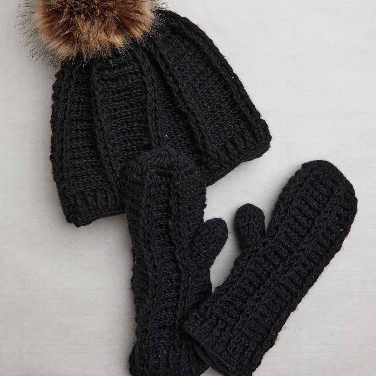 Ribbed Hand-Knit Wool Pom Beanie with Fleece Lining