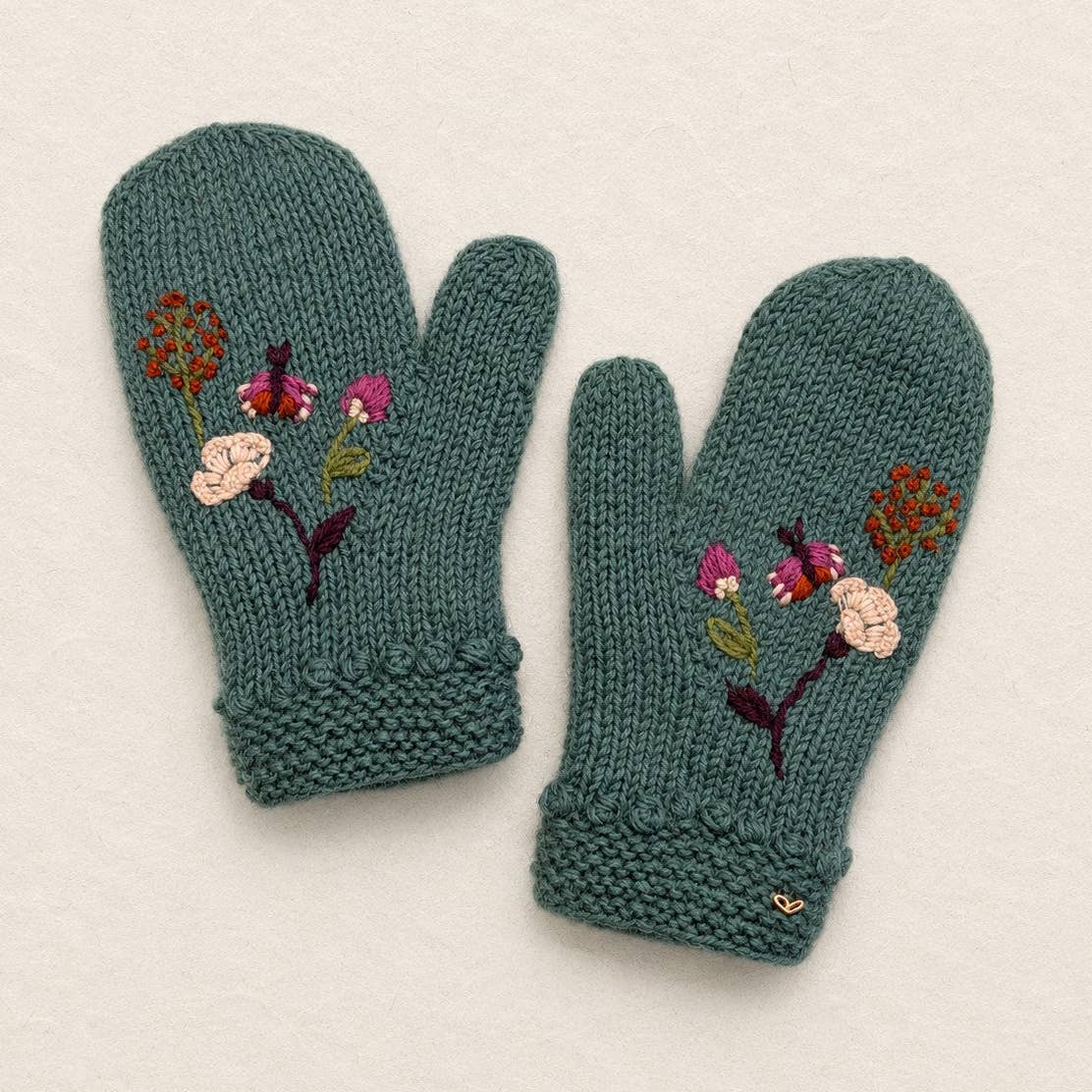 Hand-Knit-Floral Hand-Embroidered Wool Mittens – Blue Sage