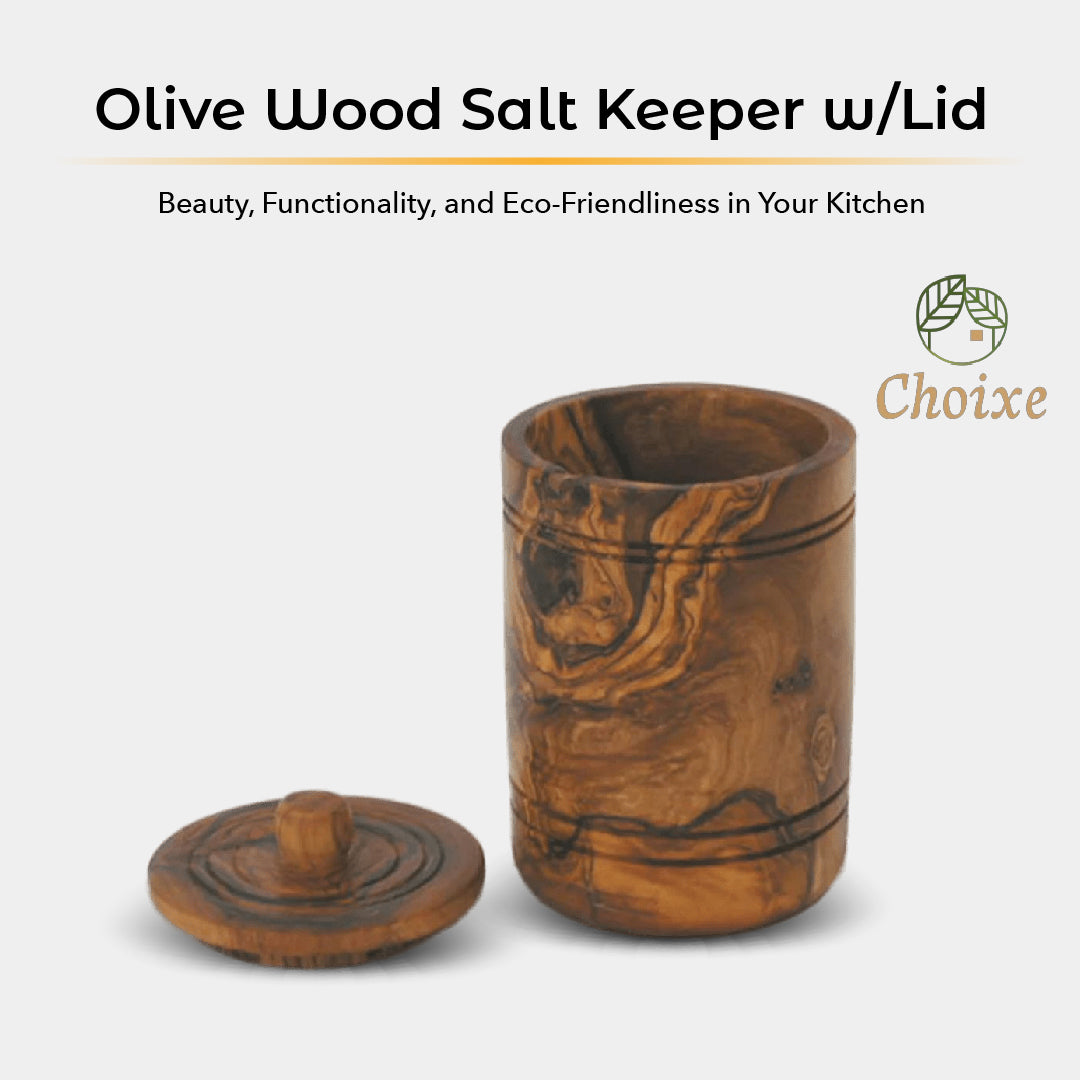 Hand-Carved Olive Wood Salt Keeper with Lid