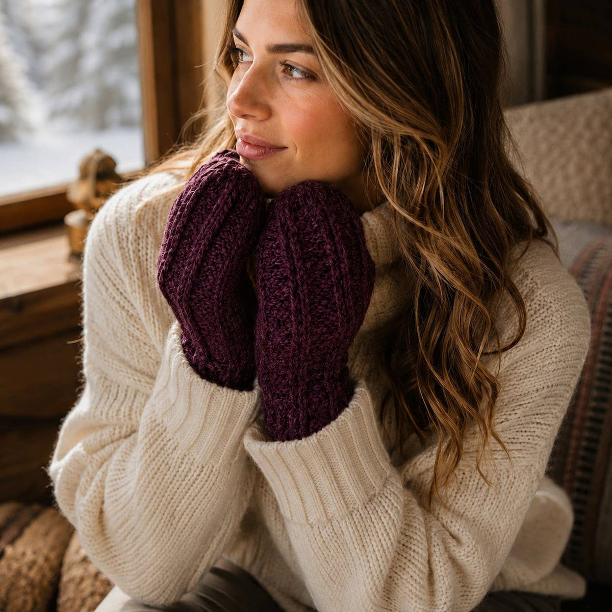 Ribbed Hand-Knit Wool Mittens with Fleece Lining