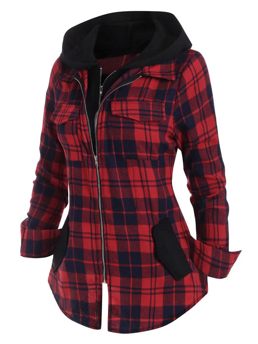 Plaid Pocket Hooded Contrast Zipper Sweatshirt