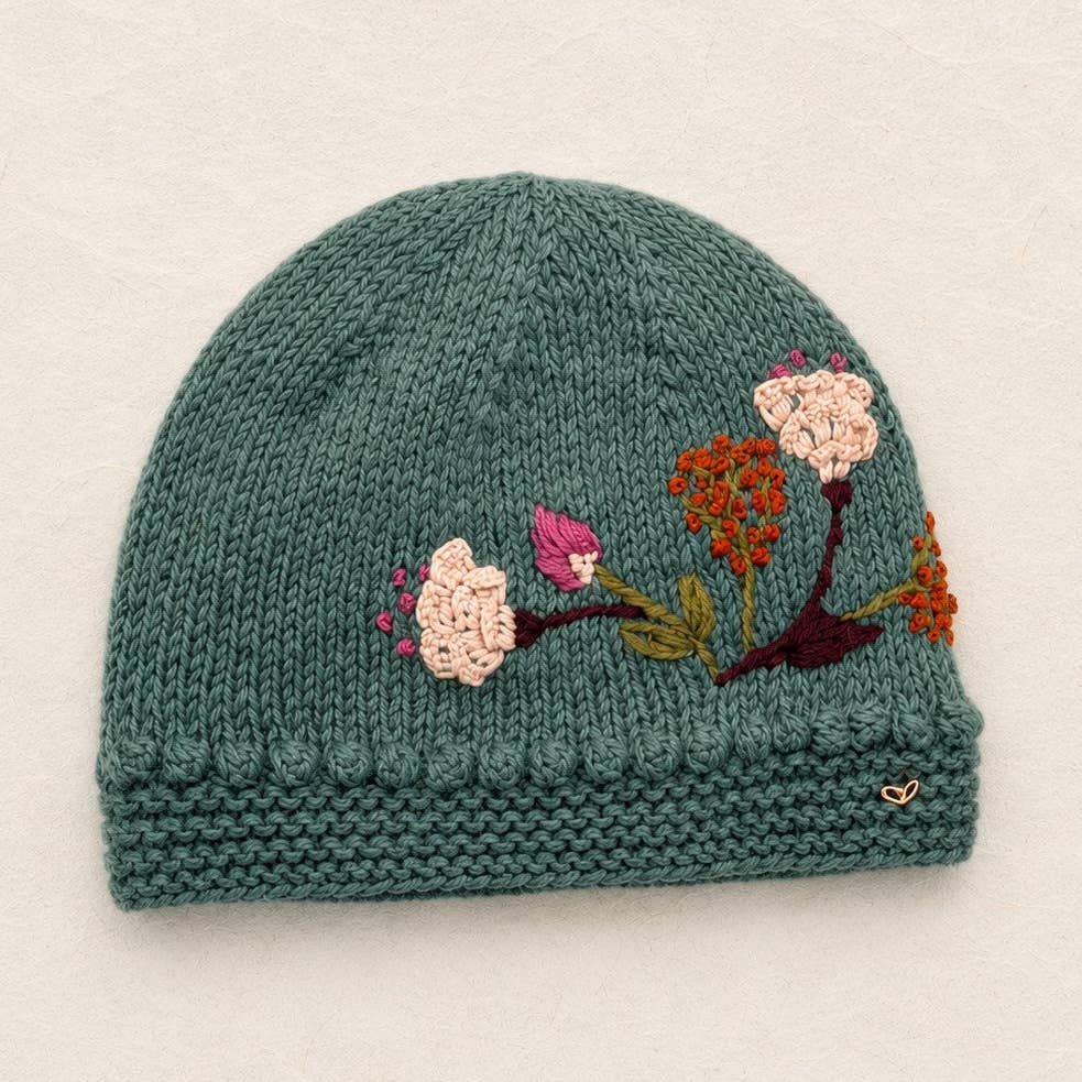Floral Hand-Knit Wool Beanie – Blue Sage