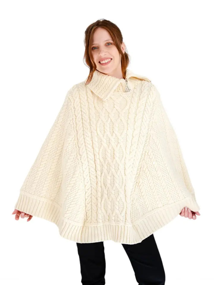 Merino Wool Aran Cowl Neck Zip Poncho
