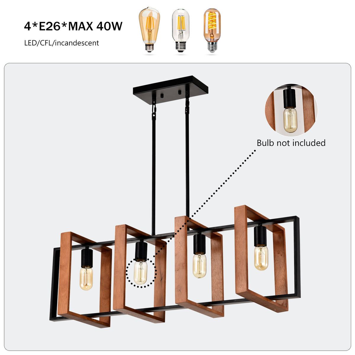 4-Light Kitchen Island Lights Pendant Light Farmhouse Dining Room Light Fixture, Rustic Wood And Black Metal Rectangular Chandelier, Hanging Lighting For Living Room,Conference Room, Home Office