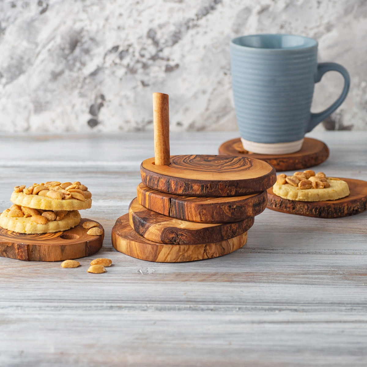 Hand-Carved Olive Wood Coaster Set with Holder, Set of 6