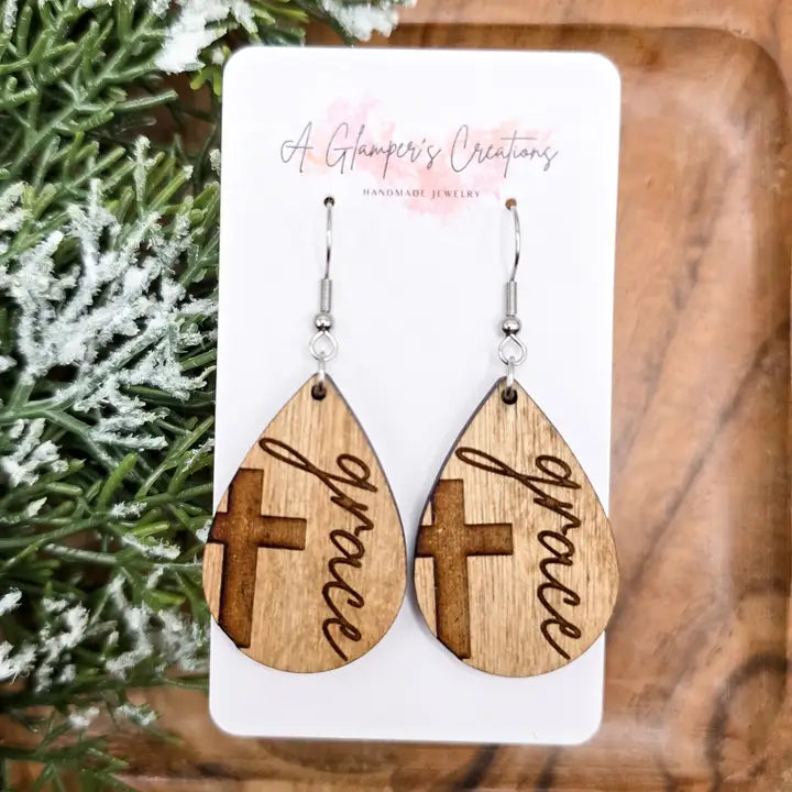 Cross Birch Wood Teardrop Earrings
