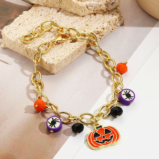 Yellow Red Pumpkin Skull Halloween Pendant Bracelet