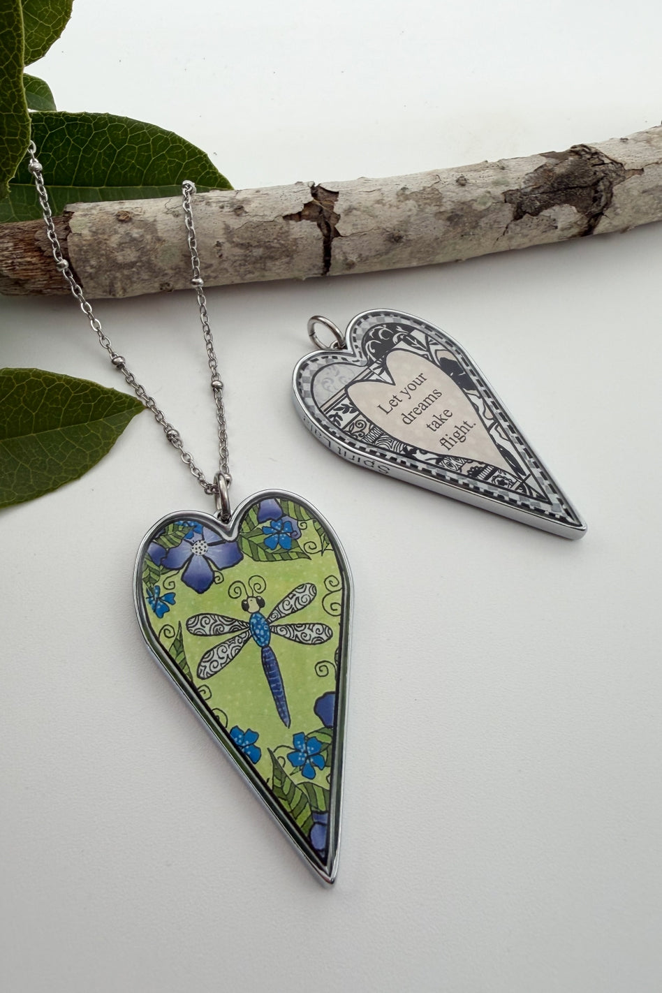 Green Dragonfly Reversible Heart Pendant Necklace