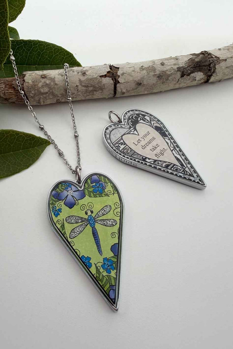 Green Dragonfly Reversible Heart Pendant Necklace