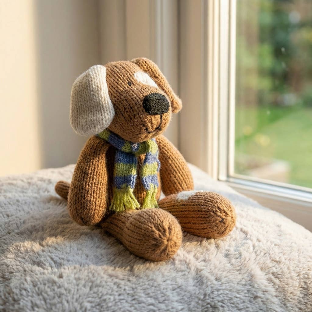 Handmade Knit Brown Spotted Dog, Fair Trade Plush Toy