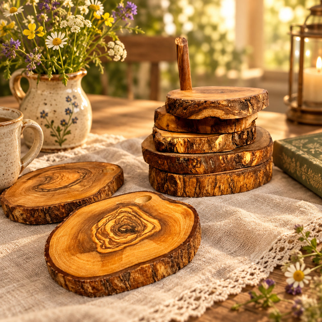 Hand-Carved Olive Wood Coaster Set with Holder, Set of 6
