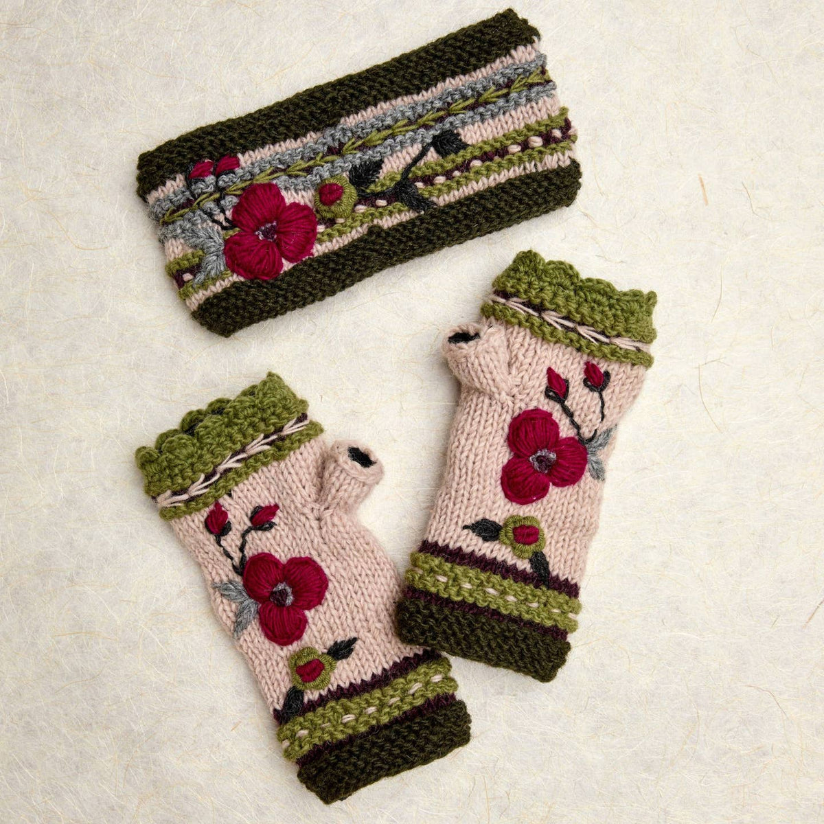 Floral Hand-Knit Wool Headband with Fleece Lining