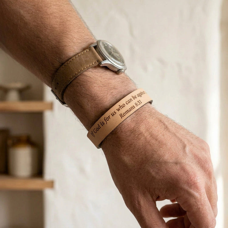 Romans 8:31 Engraved Leather Scripture Bracelet