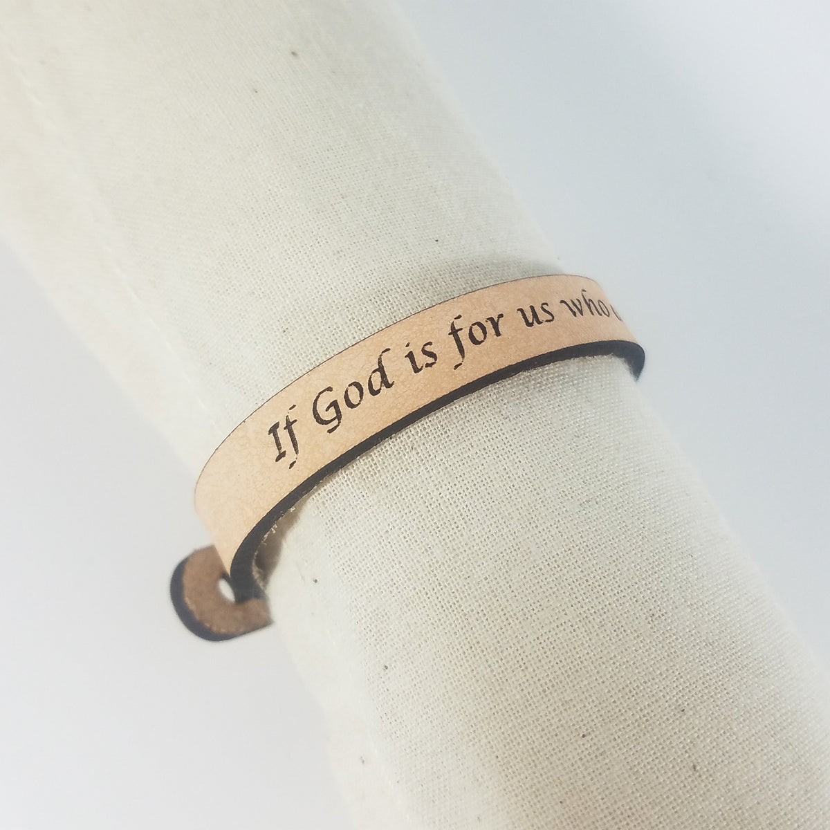 Romans 8:31 Engraved Leather Scripture Bracelet