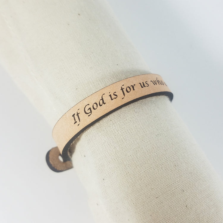 Romans 8:31 Engraved Leather Scripture Bracelet