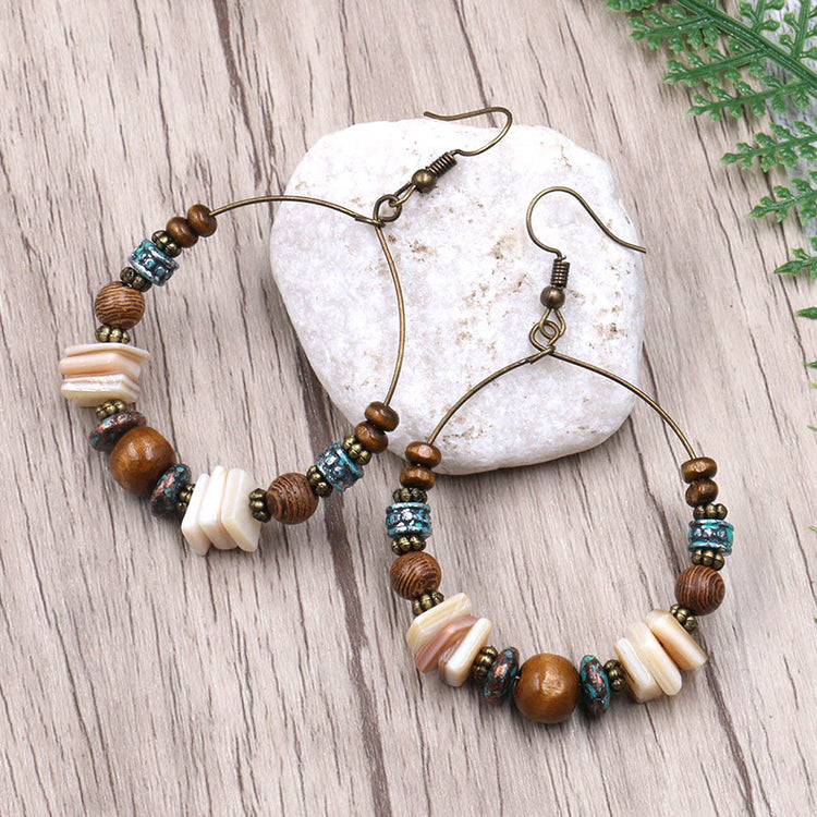 Handmade Beaded Shell Wood Hoop Earrings - Willow Drift Cottage