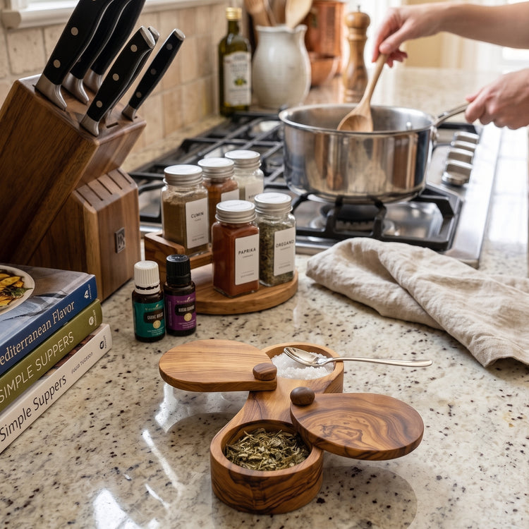 Olive Wood Dual Spice Box with Swivel Lids