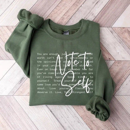 Olive green Love Yourself sweatshirt with empowering self-love word art graphic