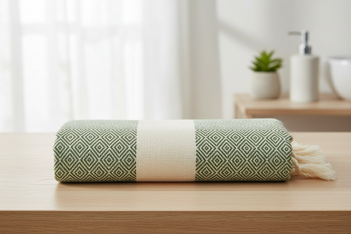 Sage and ivory geometric cotton towel personalized to order