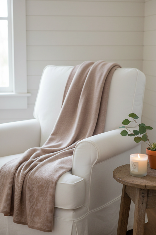 Cashmere herringbone throw draped over a white cozy chair in a cottage setting