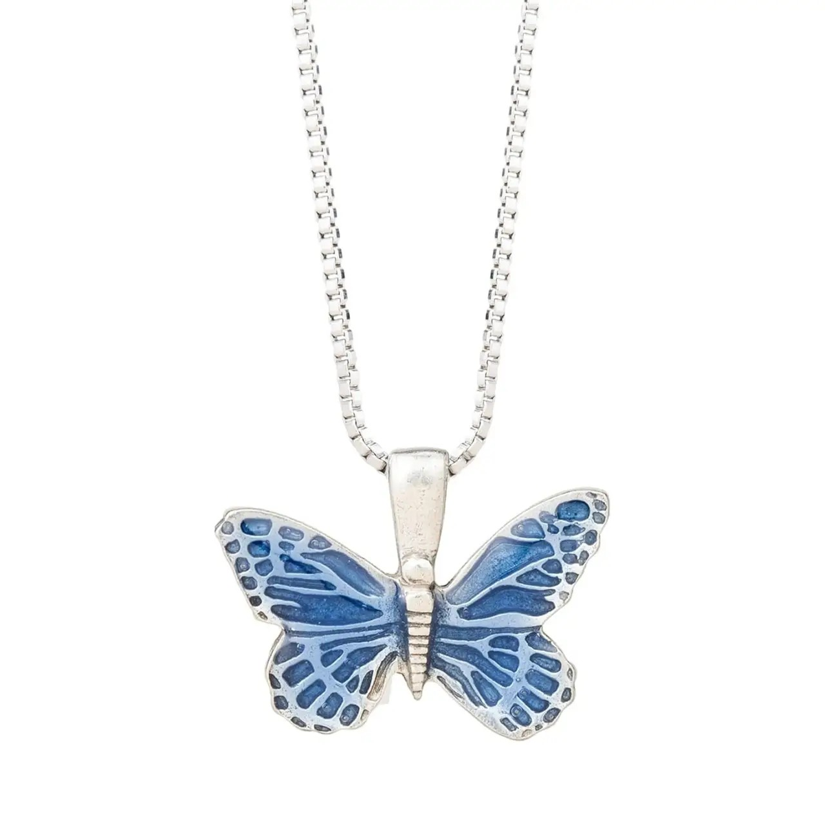 Blue butterfly pewter pendant with detailed wings on a sterling silver chain
