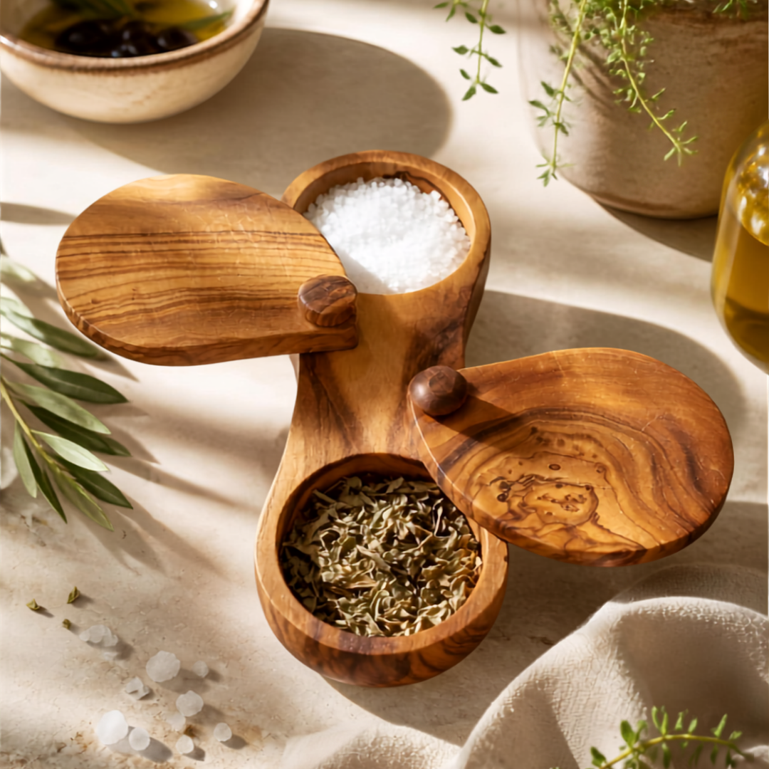 Olive Wood Dual Spice Box with Swivel Lids