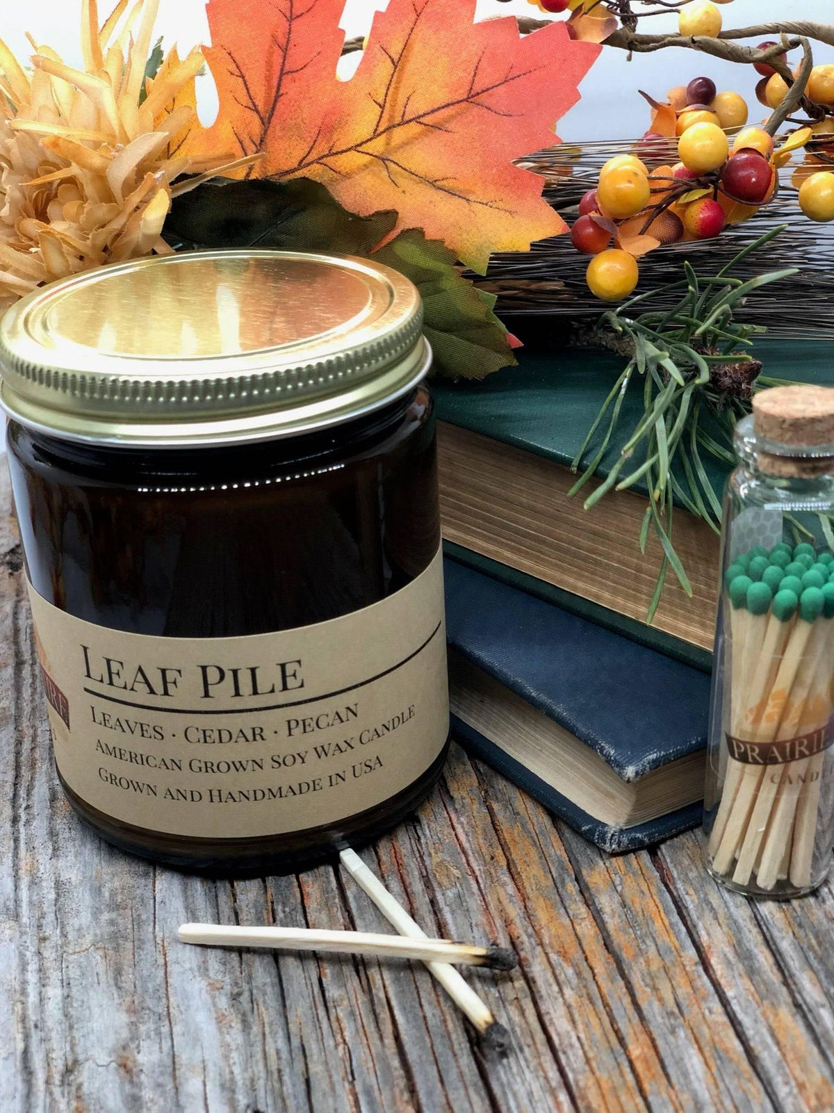 Leaf Pile Soy Candle in Amber Glass Jar, 8 oz