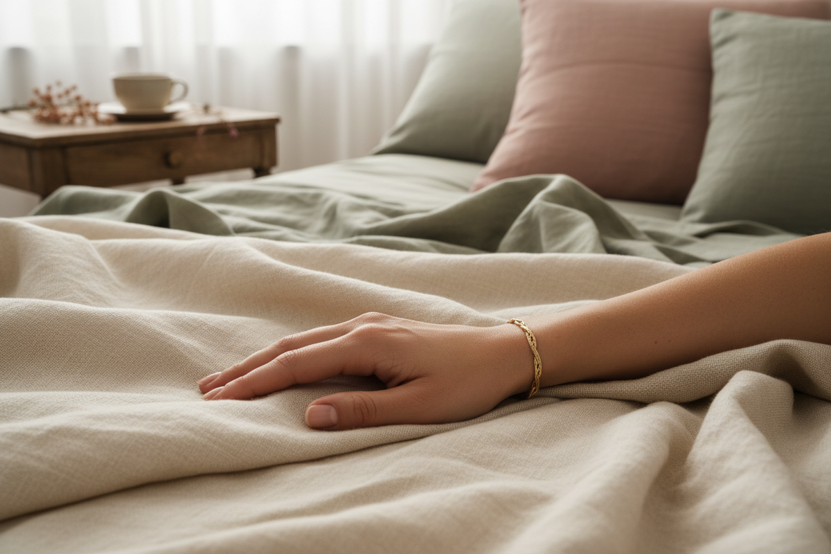 Luxury Hand with Gold Bracelet on Bedding