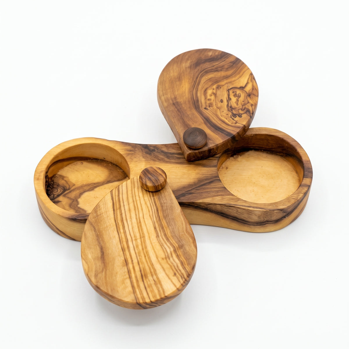 Olive Wood Dual Spice Box with Swivel Lids