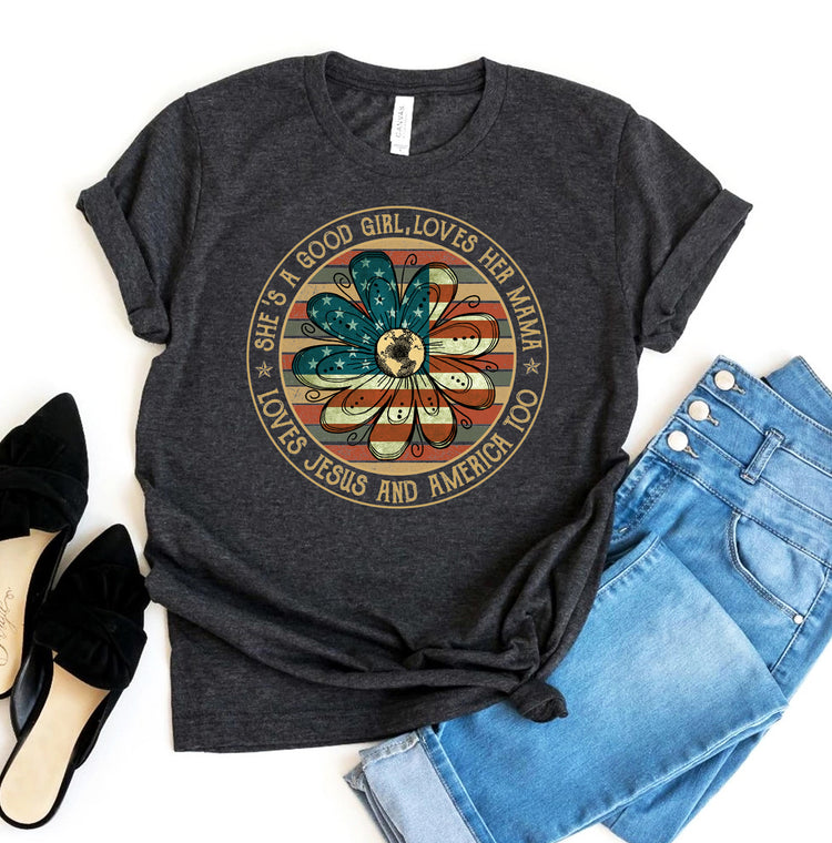 She Loves Jesus and America Too Floral Graphic T-Shirt