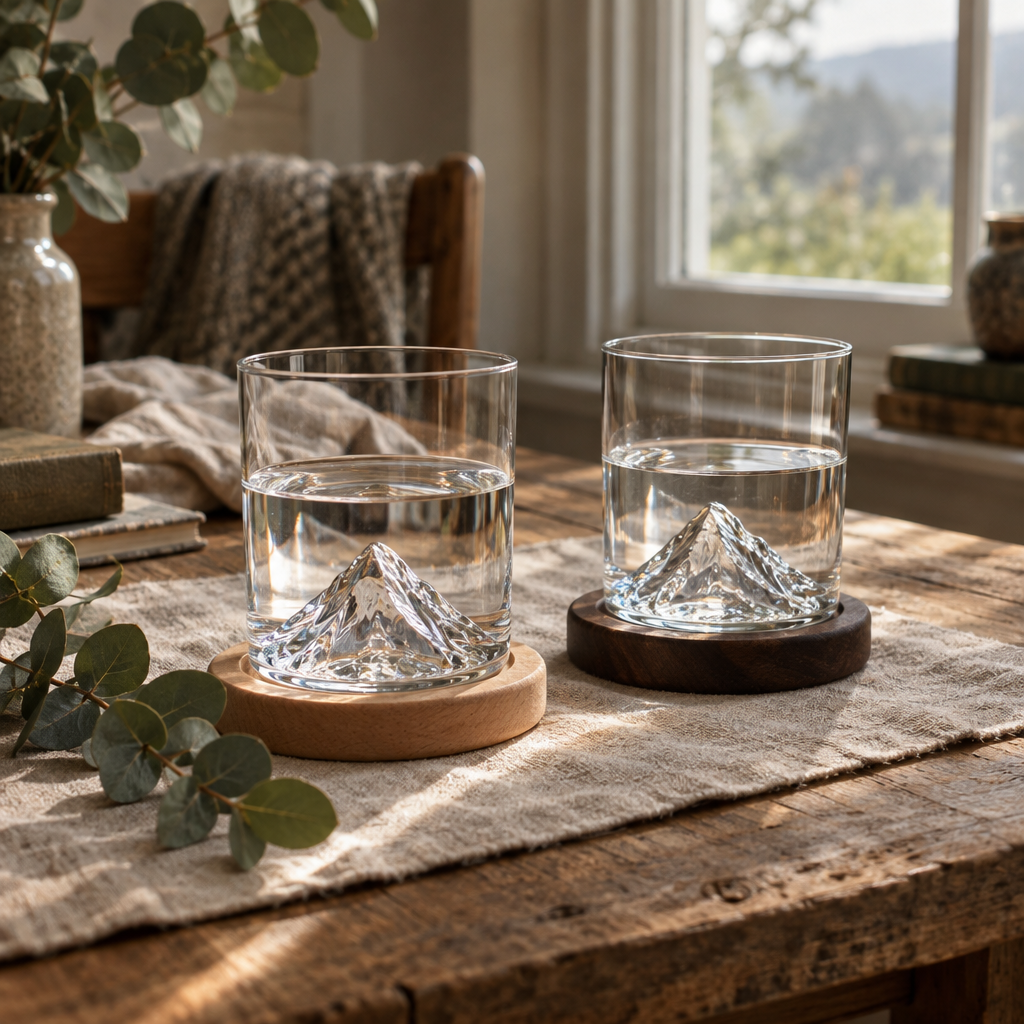 Two mountain glasses on beech and ebony coasters by a cottage window