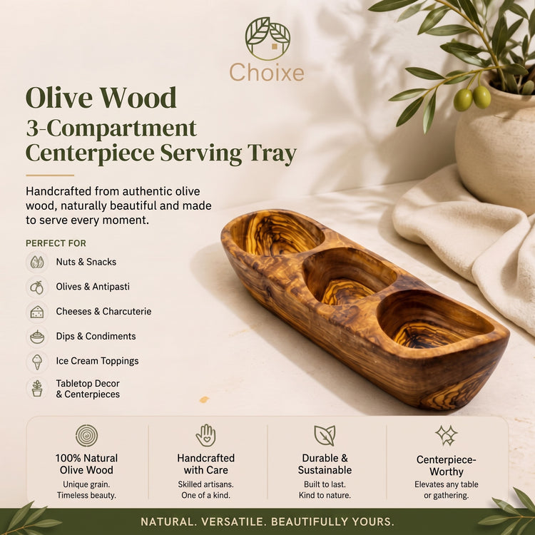 Olive Wood 3-Compartment Serving Tray