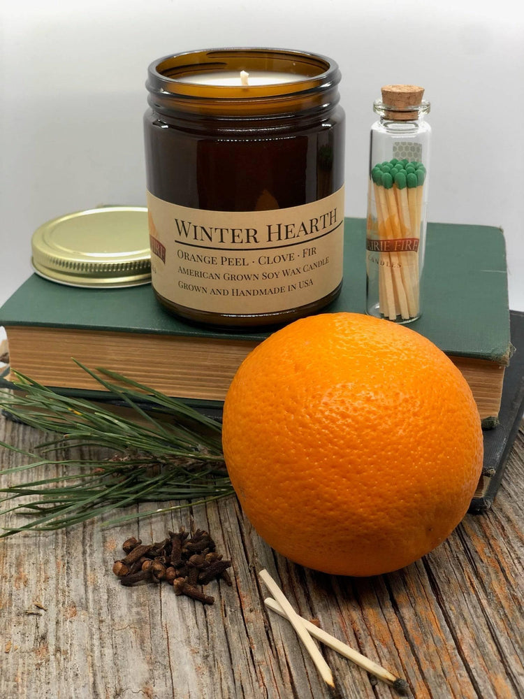 Winter Hearth Soy Candle in Amber Glass Jar, 8 oz